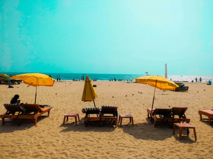 Goa beach with shacks and sunset view