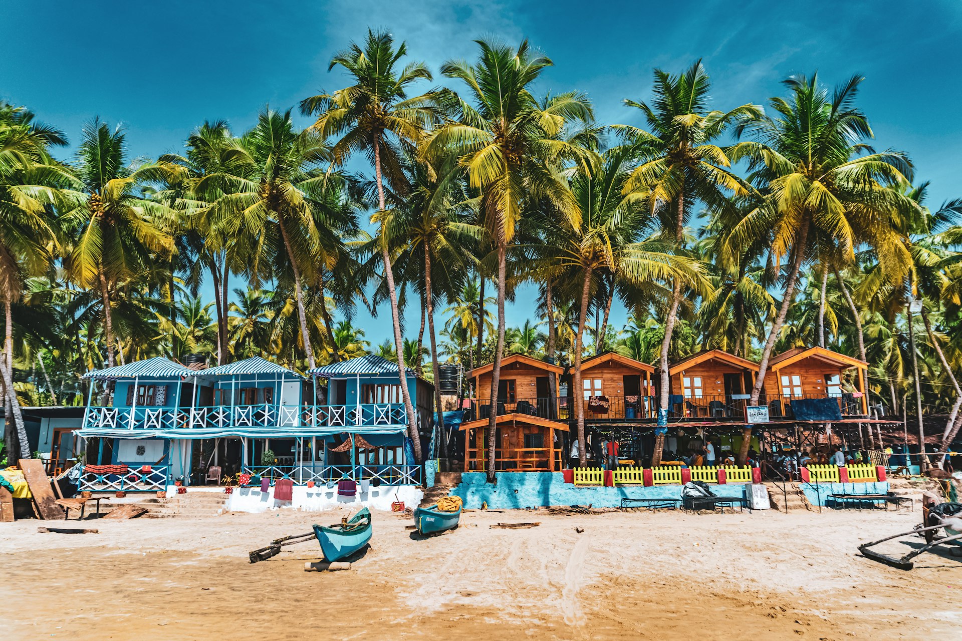 Goa beach with palm trees and shacks