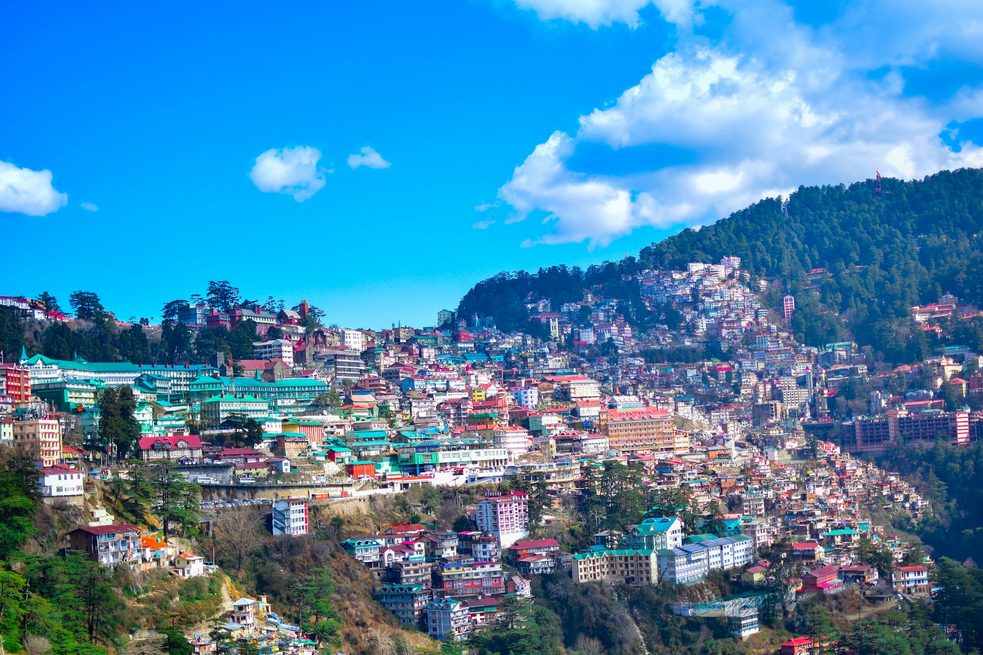 Shimla hill town colorful houses mountain view