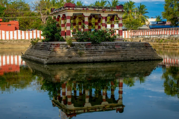 Temple reflection lake spiritual place India