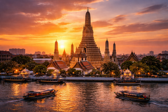 Wat Arun temple at sunset Bangkok Thailand cultural landmark and tourist attraction