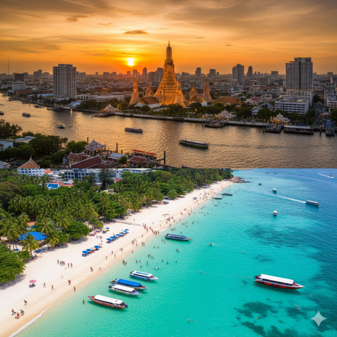 Aerial view of Phuket island beach resorts and turquoise sea Thailand holiday