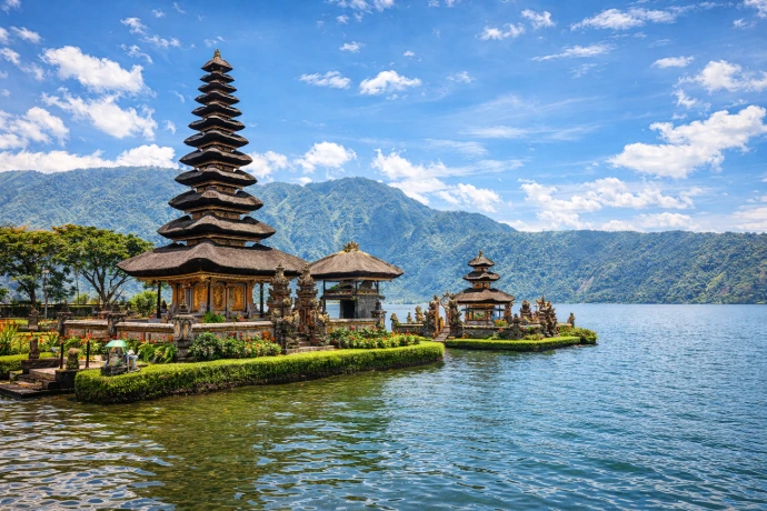Bali lake temple with mountains scenic view
