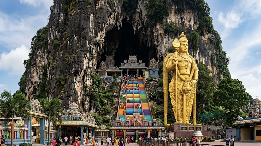 Batu Caves colorful stairs and Murugan statue Malaysia
