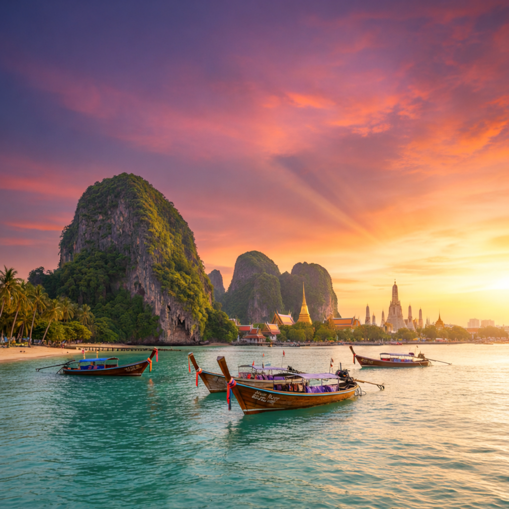 Traditional Thai boat sailing during sunset in Andaman Sea Thailand travel destination