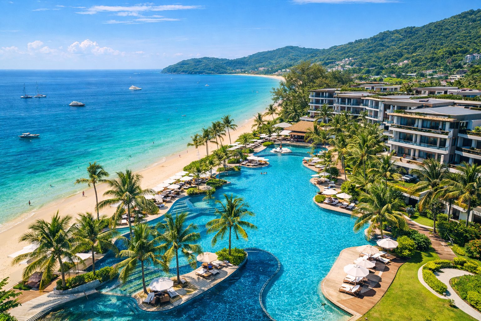 Luxury beach resorts along Phuket coastline Thailand island vacation destination