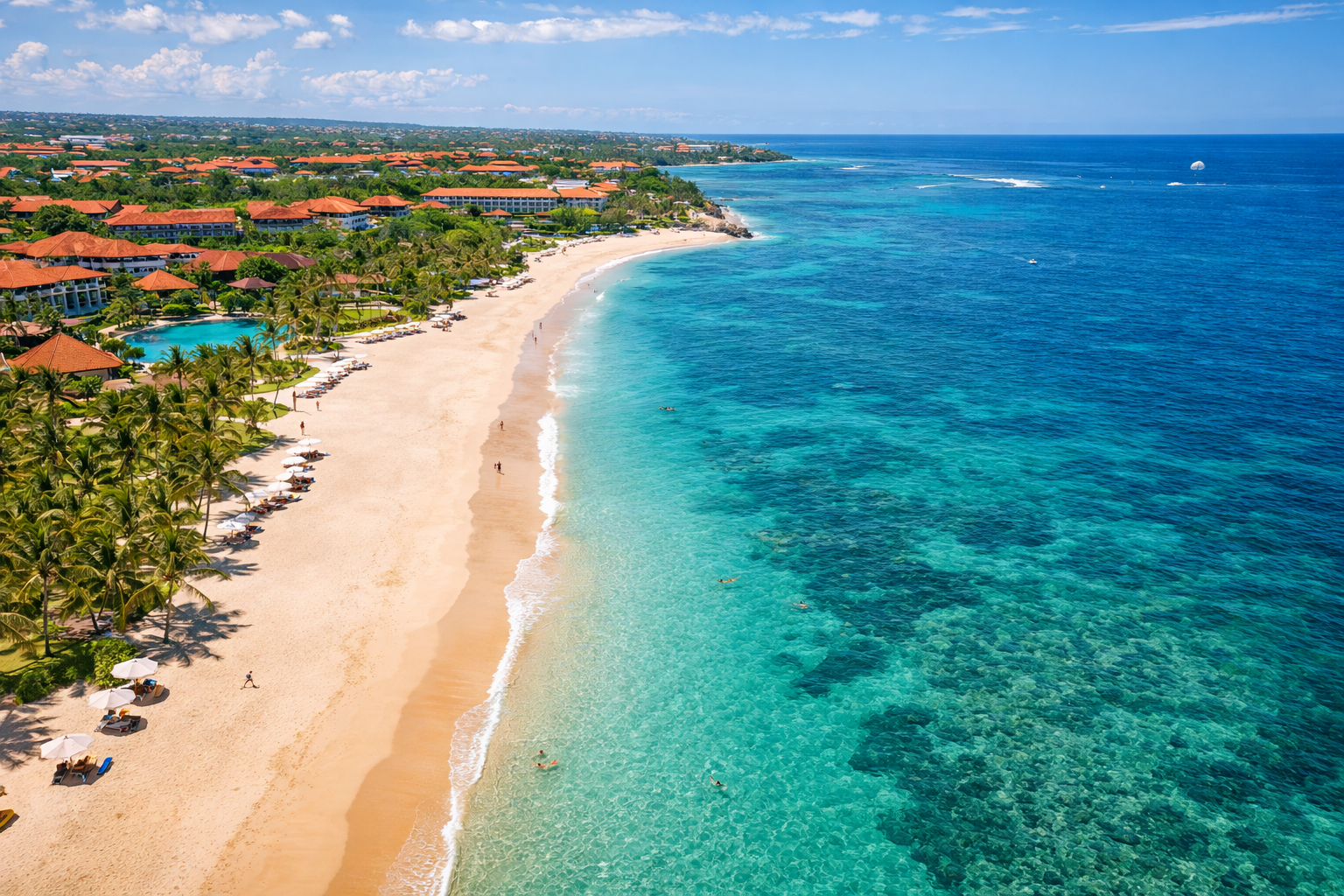 Bali long beach coastline with clear water