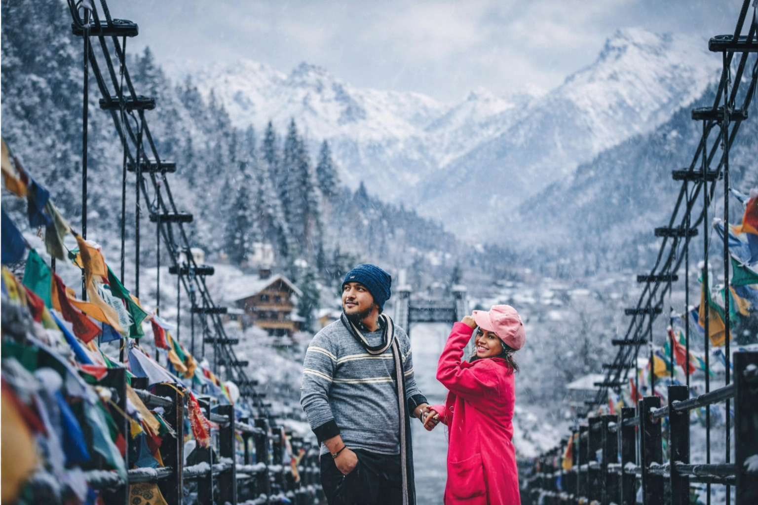 Couple in winter honeymoon snow destination India