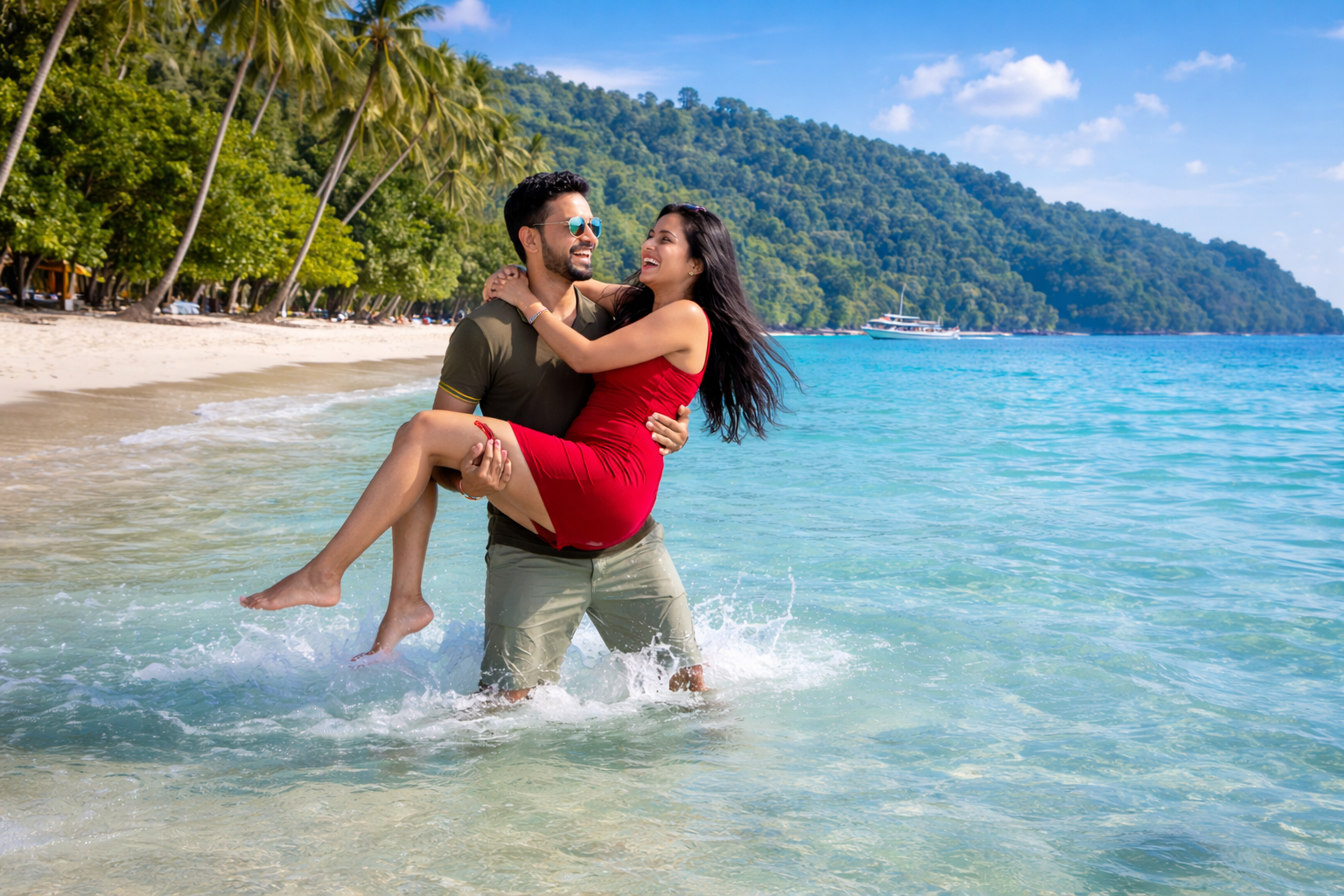 Romantic couple enjoying beach water honeymoon vacation