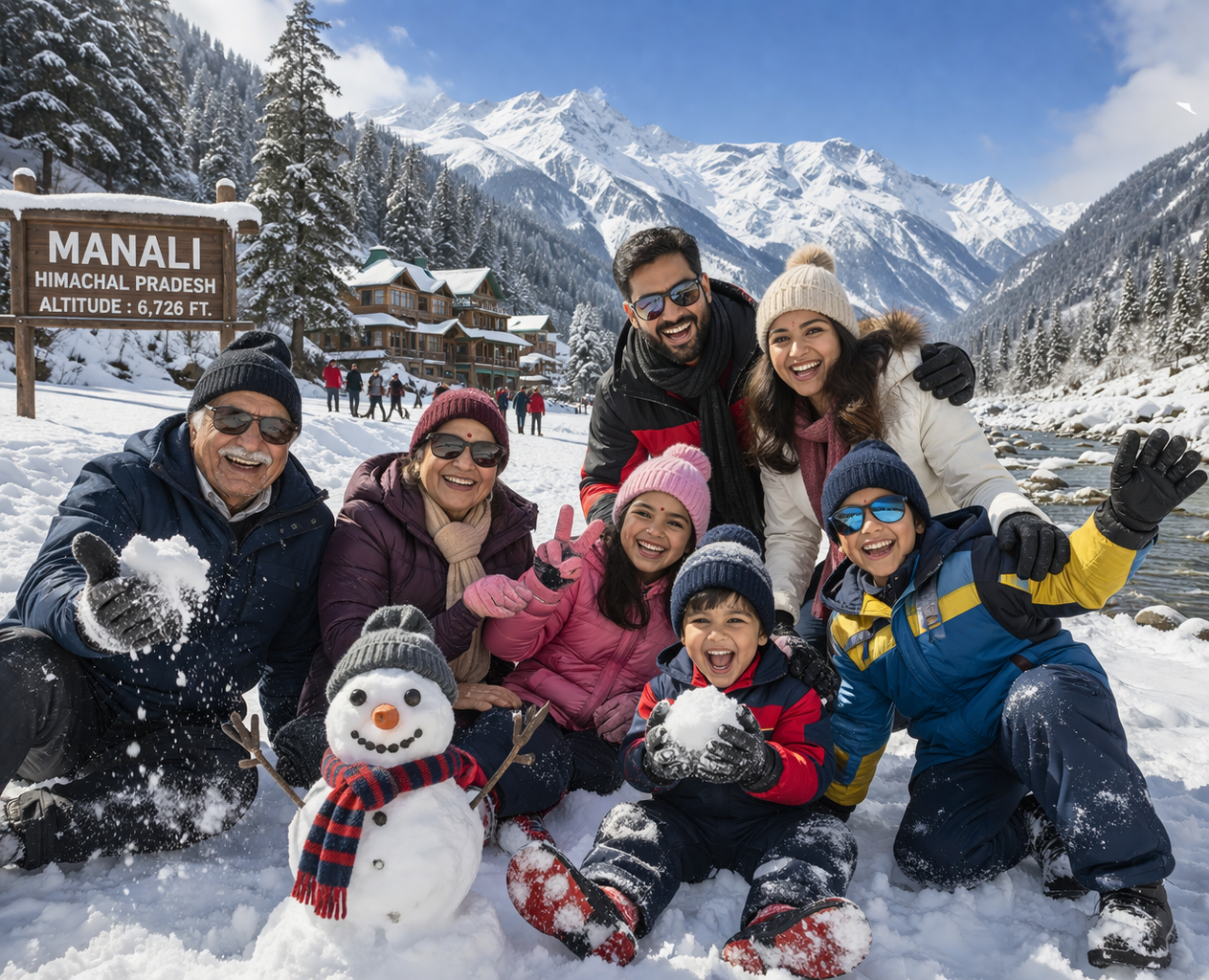 Family enjoying snow mountains India